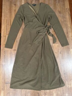 Banana Republic Olive Green Long-Sleeve Wrap Midi Dress